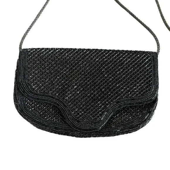 Vintage Black & Gunmetal Gray Beaded Glam Bag Purse - Picture 2 of 5